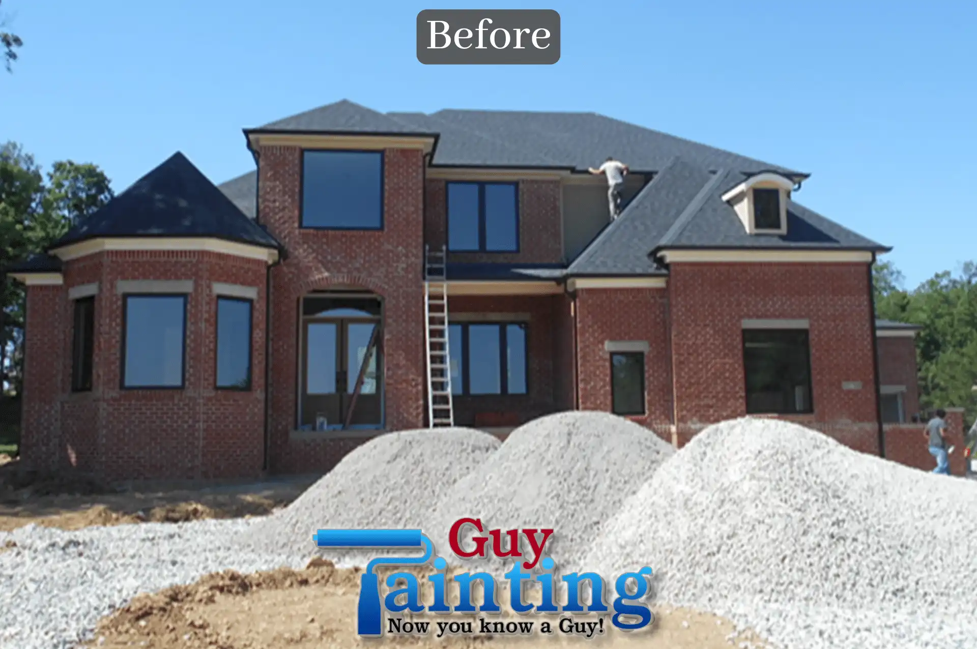 New-construction home in Fishers with bare red brick exterior during framing, before painting