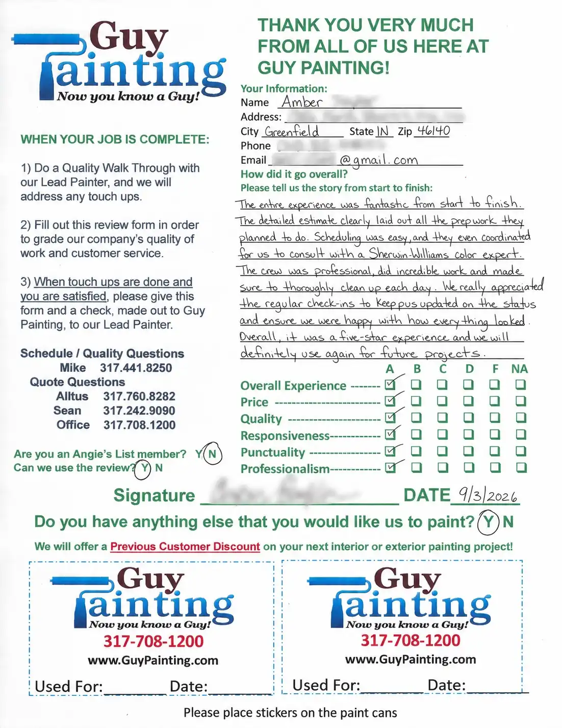 Filled-out Guy Painting Grade Card from a Greenfield homeowner with straight A's and a five-star written review