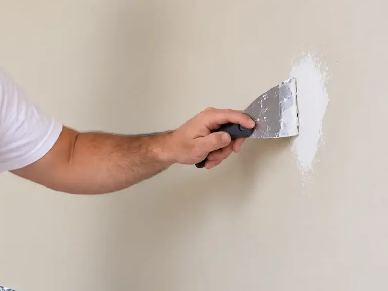 Painter smoothing a drywall patch with a putty knife before painting
