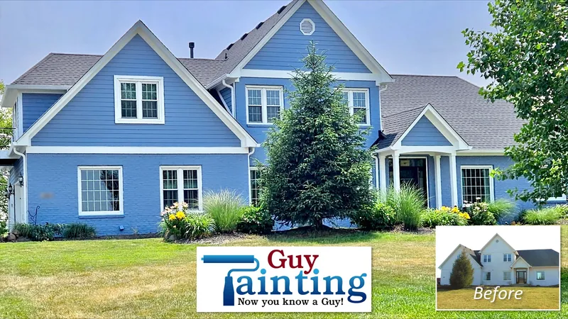 Two-story home painted blue with bright white trim and window casings, with an inset before photo of the same house in white