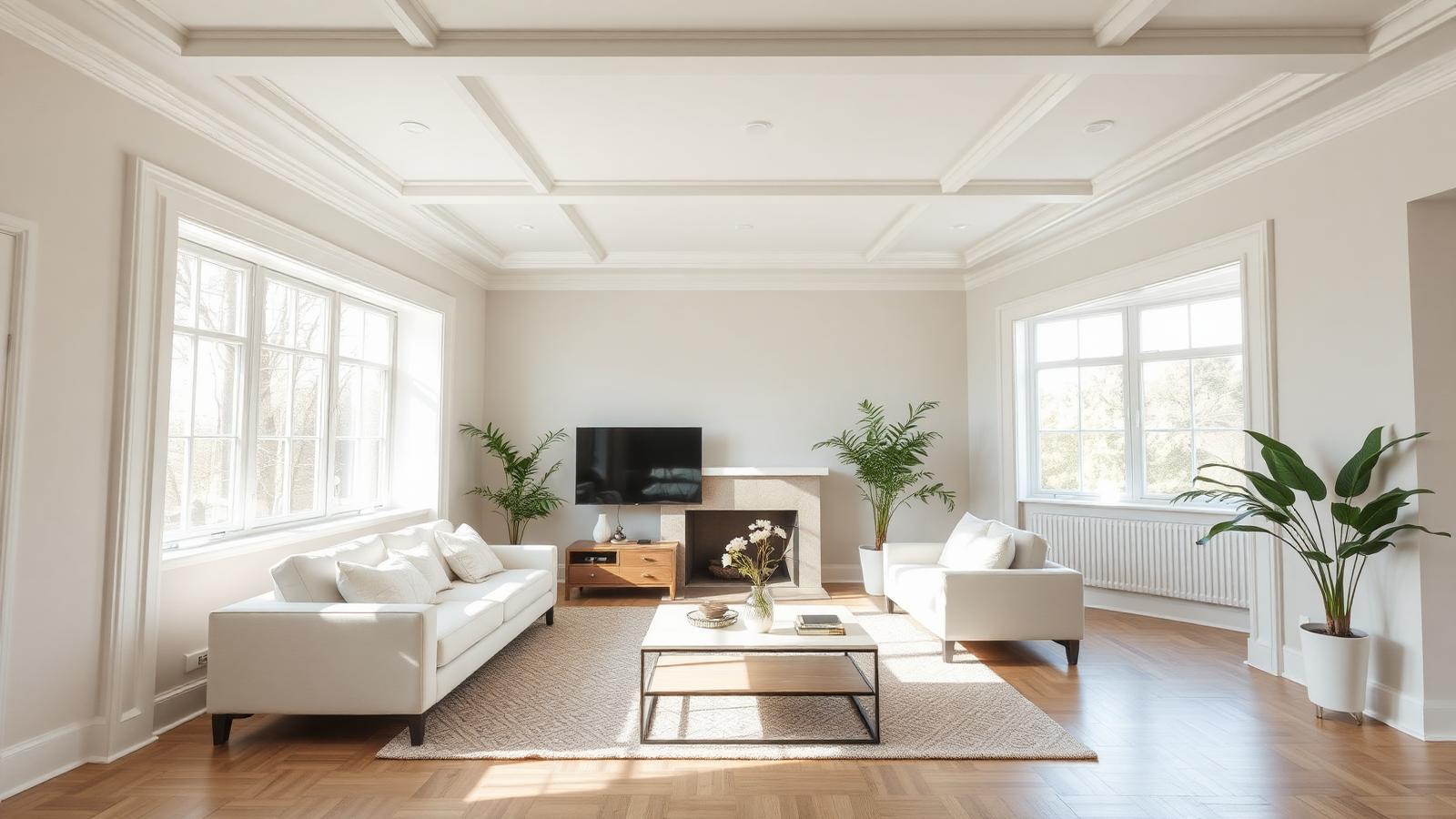 Bright living room with freshly painted white trim