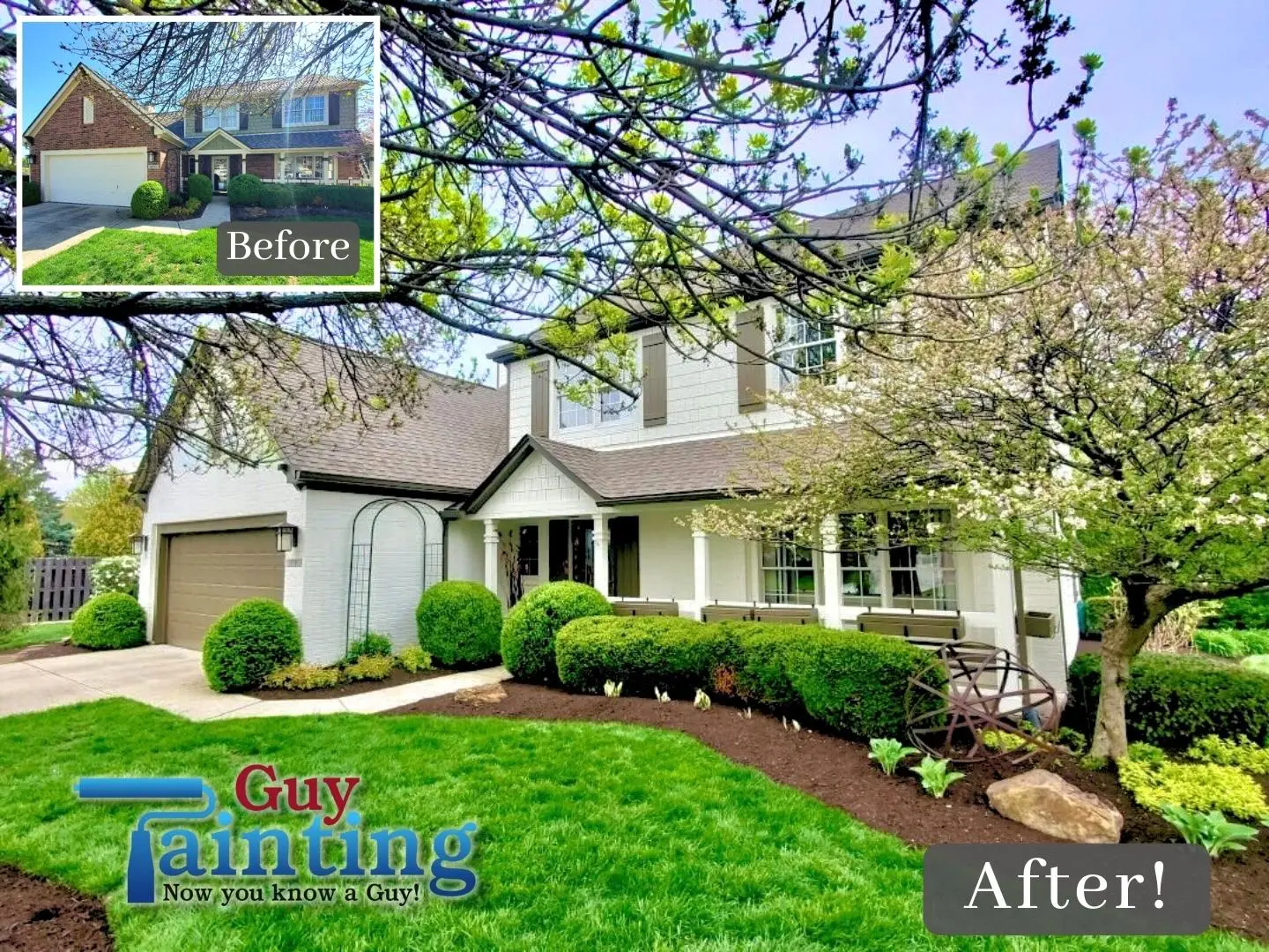 Before and after: brick and olive-green siding painted white, with dark bronze garage door, shutters and gutters