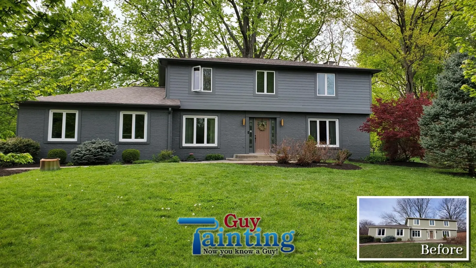 Before and after: light siding and white trim, repainted deep gray with black trim