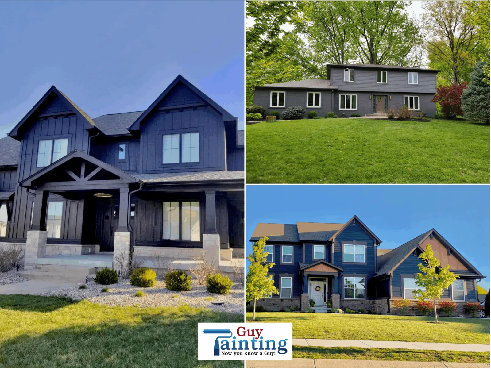Collage of three homes with dark board-and-batten, charcoal, and navy blue exteriors.