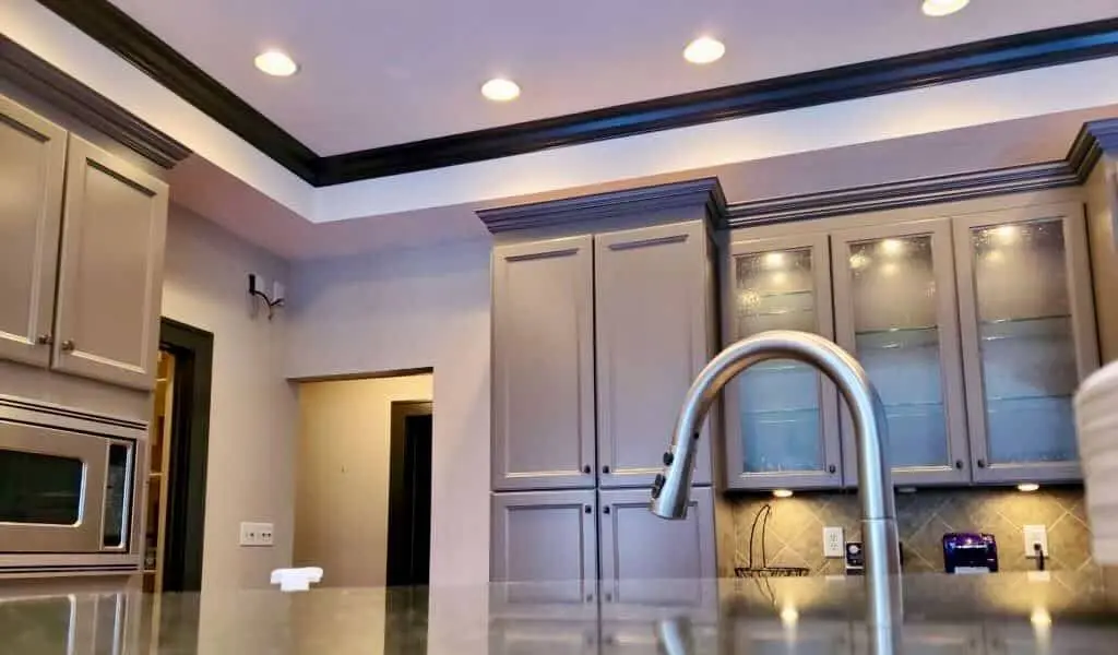 Tall pantry and glass-front kitchen cabinets painted Sherwin-Williams Gauntlet Gray, with a gooseneck faucet in front