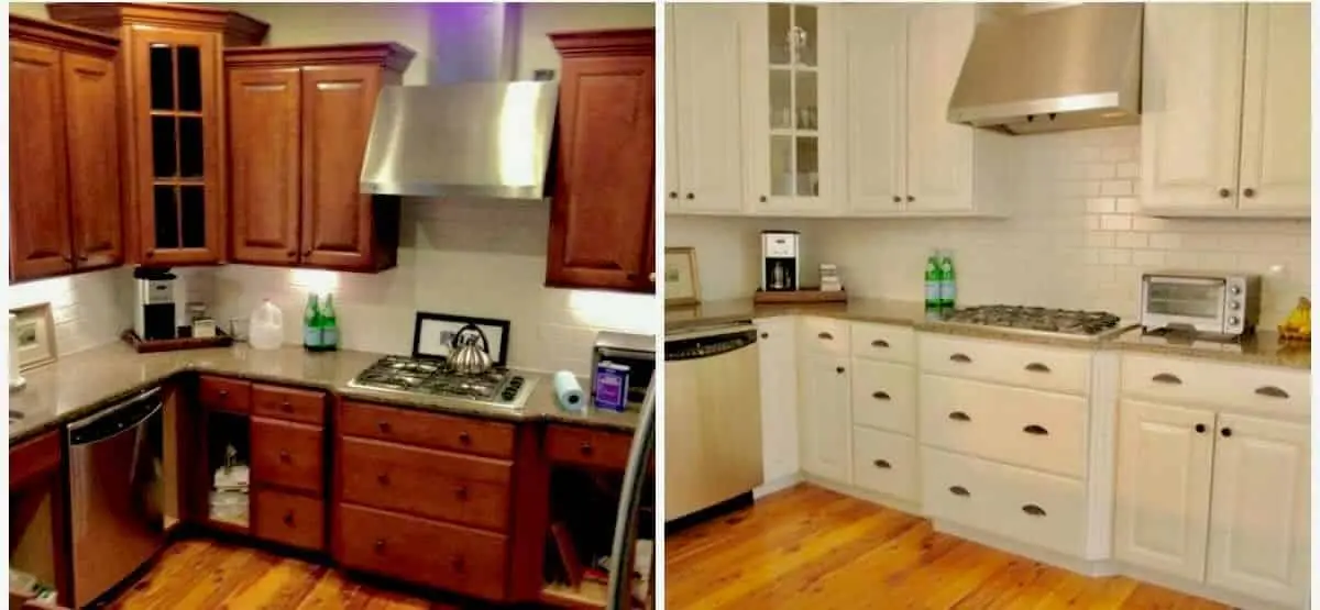 Before and after: dark stained kitchen cabinets, then painted white beside a subway tile backsplash
