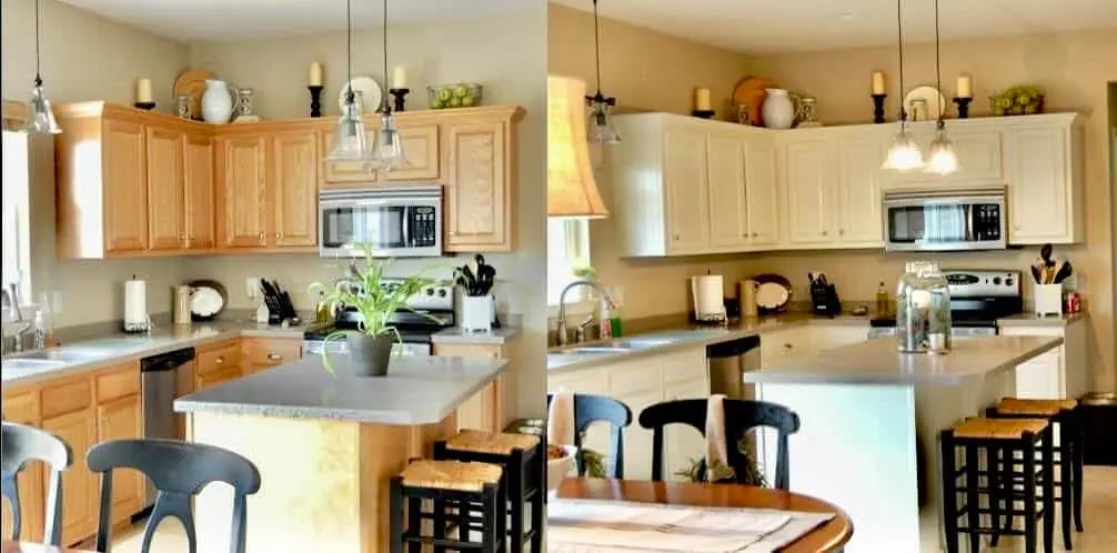 Before and after: an L-shaped kitchen with honey oak cabinets and island, then painted white