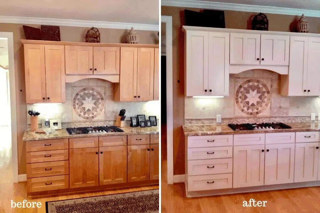 Before and after: light oak kitchen cabinets, then painted white