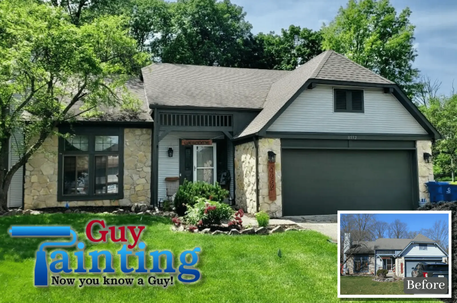 Before and after: blue-gray trim and garage door on a vinyl home, repainted dark charcoal