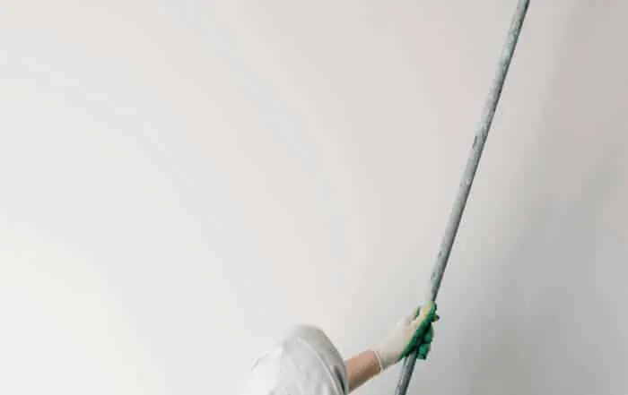 Technician using an extension pole and roller to apply white paint to a high residential ceiling.