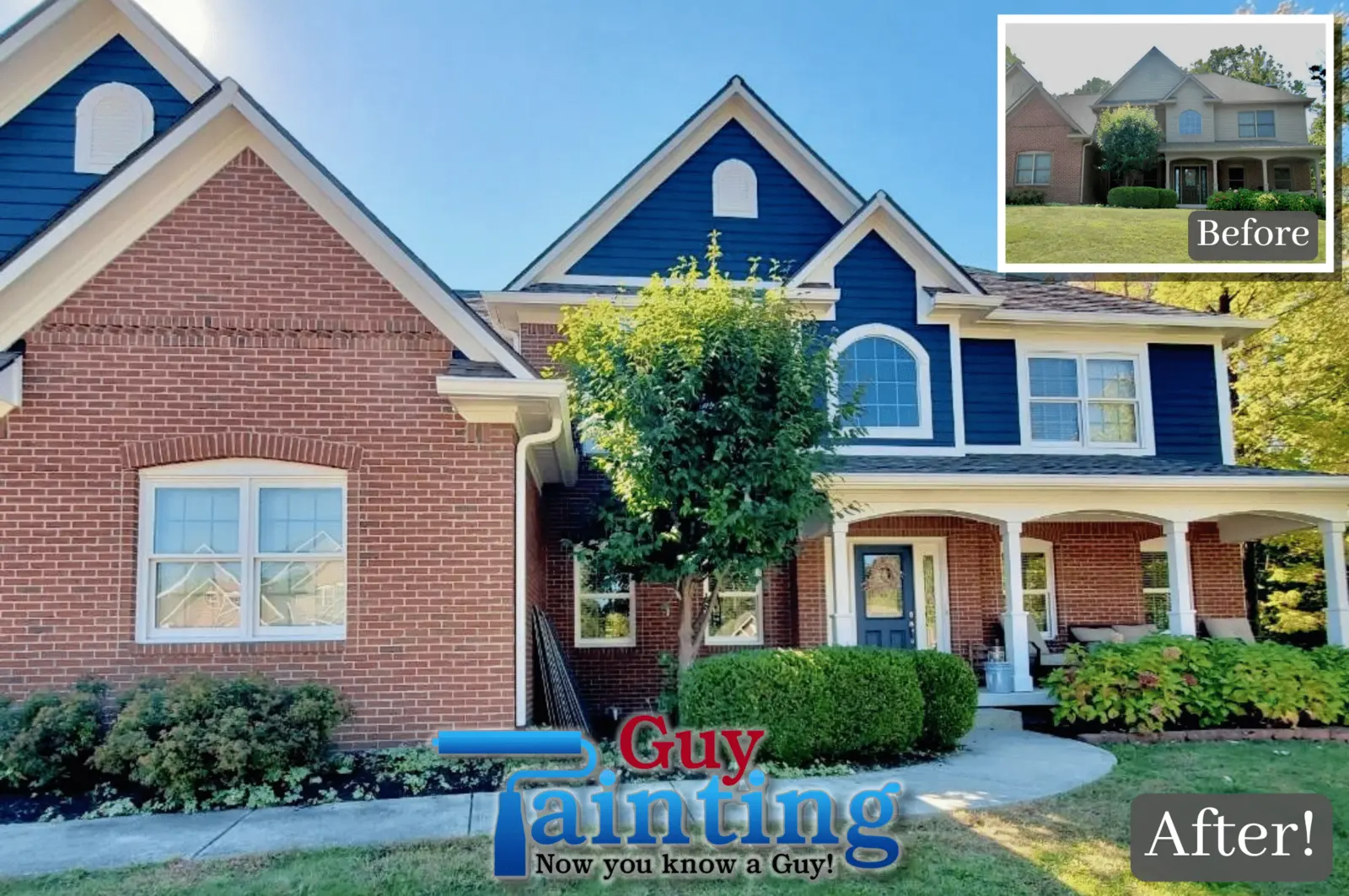 Geist brick house painted Sherwin-Williams Naval with Pearly White trim