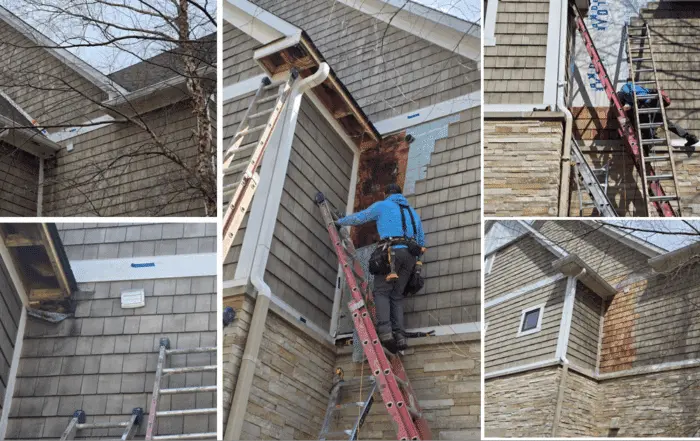 Collage of a siding restoration: damaged cedar shingles removed and new weather barrier installed