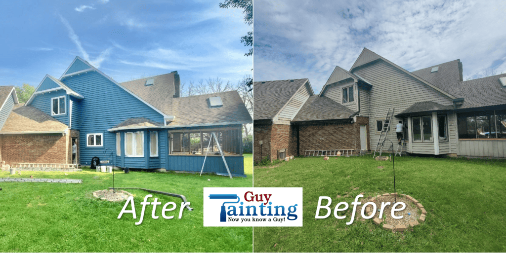 Zionsville home with rotten wood siding and trim replacement by Guy Painting then painted in blue with white trim