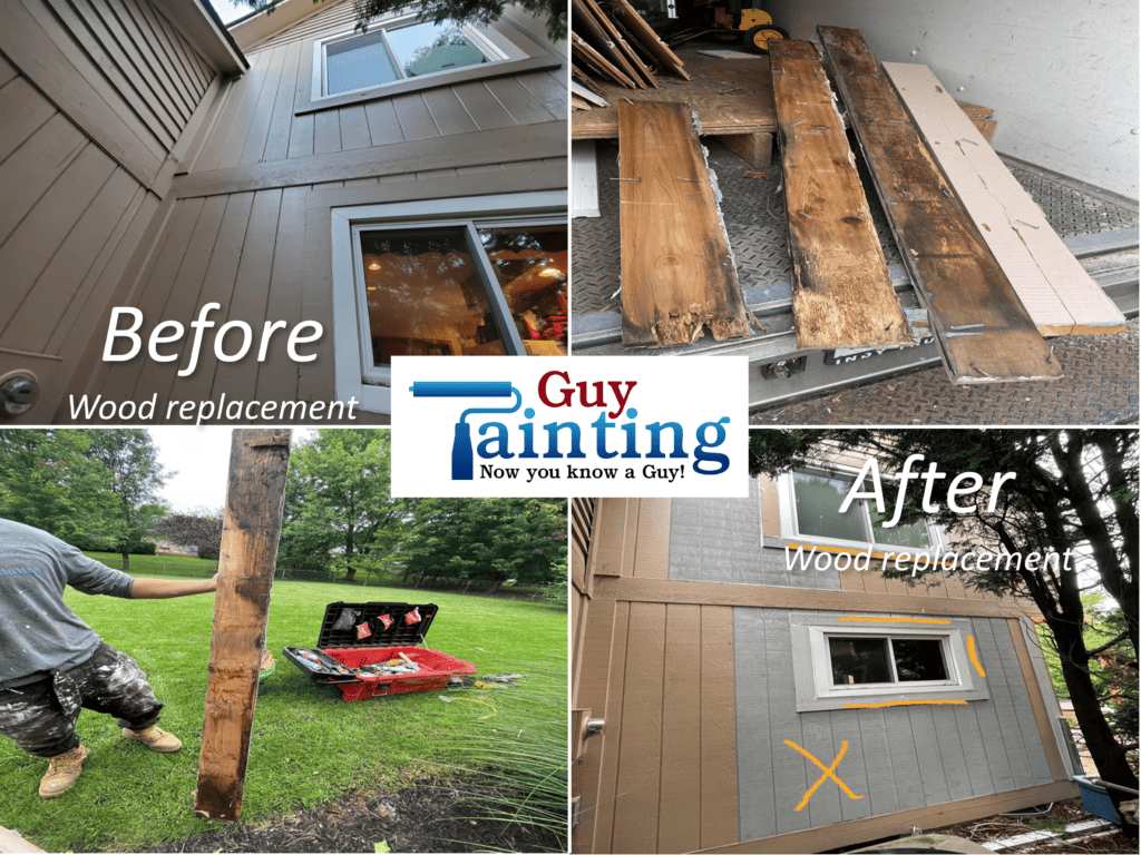 Before and after showing wood rot on siding, replace rotten siding before painting by Guy Painting in Indianapolis
