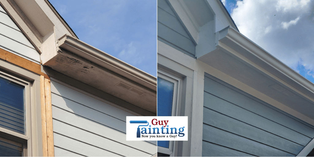 Rotten fascia and gutterboard wood replacement before and after by Guy Painting in Geist