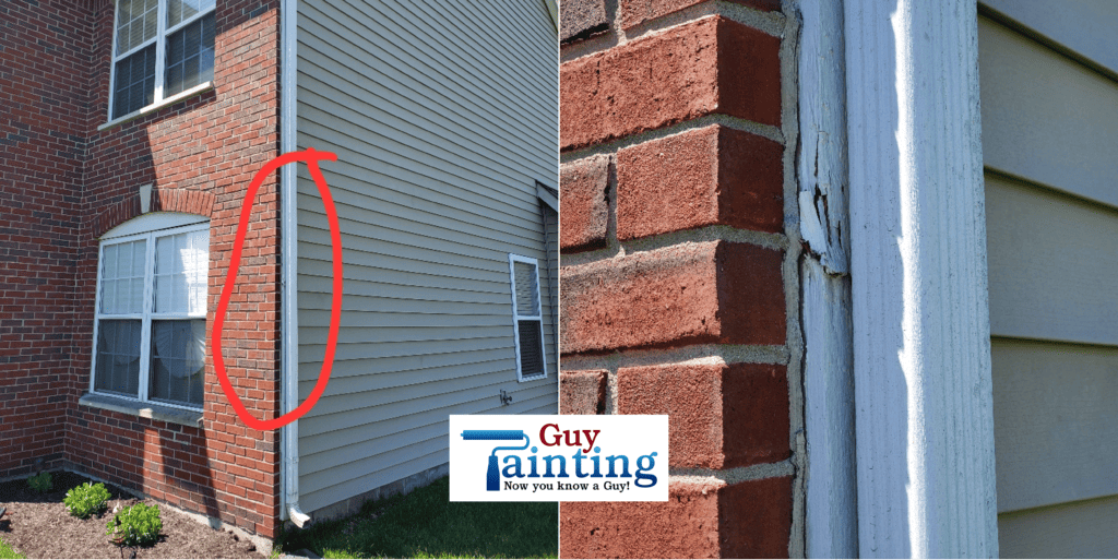 Crumbling wood on exterior trim of Fishers home before wood replacement by Guy Painting