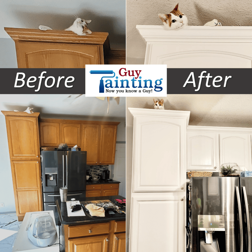 Cabinets in Indianapolis painted white, before and after showing a cat sitting on top of the cabinets