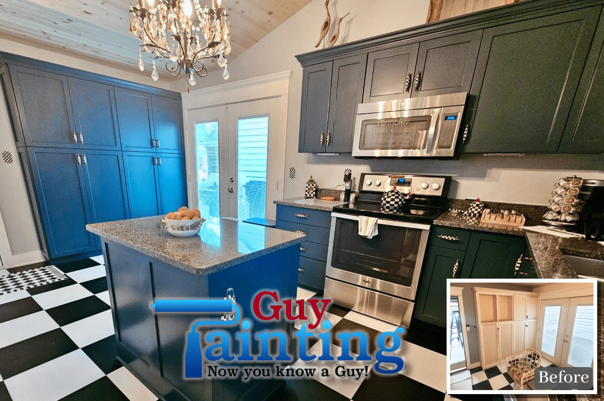 Kitchen Cabinet Painting Blue Sapphire Cabinets Clearwater Indianapolis Geist Lake House Kitchen with Checkered Floor (1)