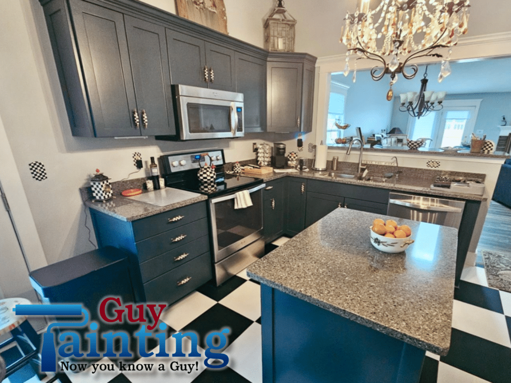 Kitchen Cabinet Painting Blue Sapphire Cabinets Clearwater Indianapolis Geist Lake House Kitchen with Checkered Floor Angle After