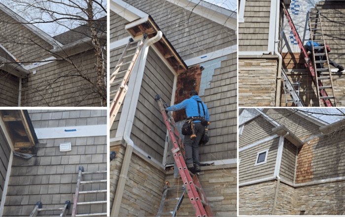 Multi-panel collage of a residential siding restoration project including damaged cedar shingles and weather barrier install.